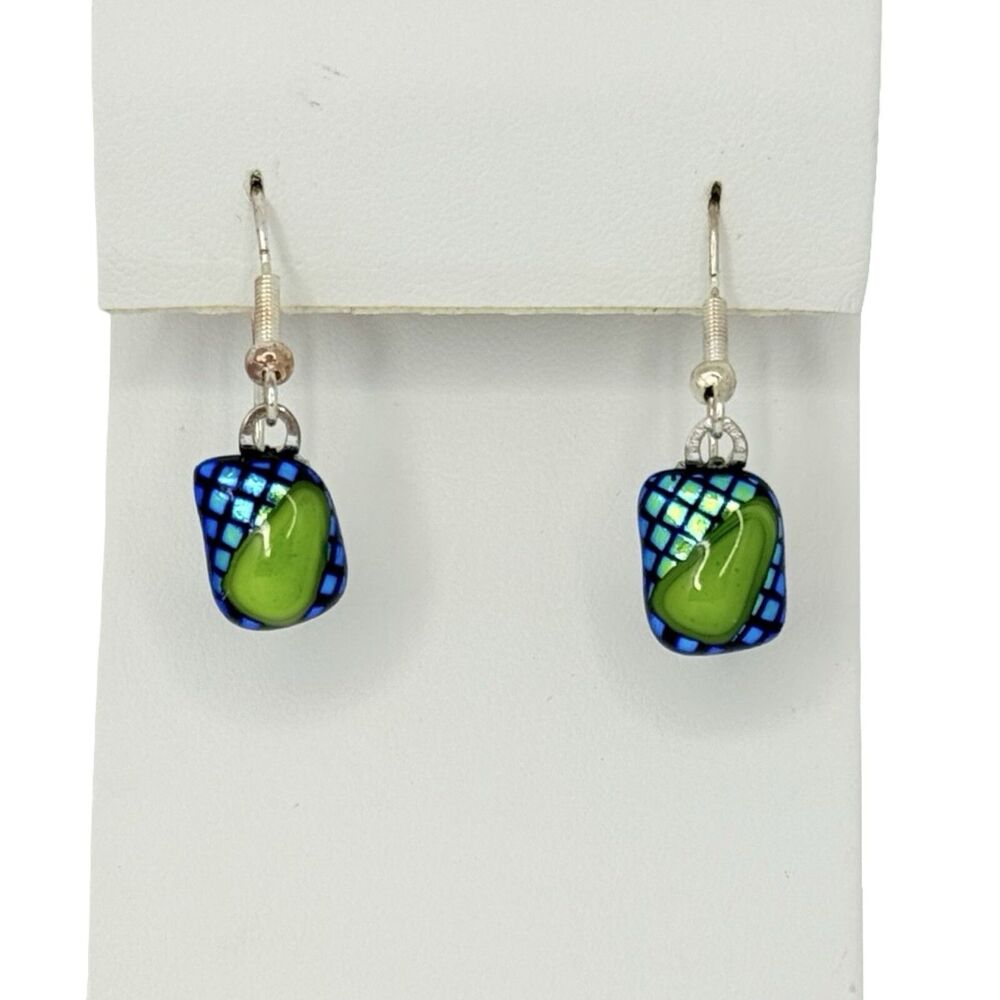 Artesian Dichroic Glass Dangle Earrings 1" Green & Blue Unique Murano Style - Picture 7 of 13
